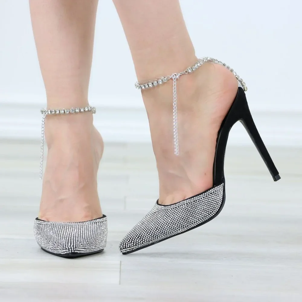 Black Pointed Toe Sparkly Rhinestone Ankle Strap High Heel Shoes Stiletto - Picture 9 of 13
